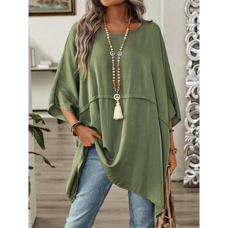 Women’s Tunic Top – Cotton – Loose Fit – Asymmetrical Hem – Wide Sleeves