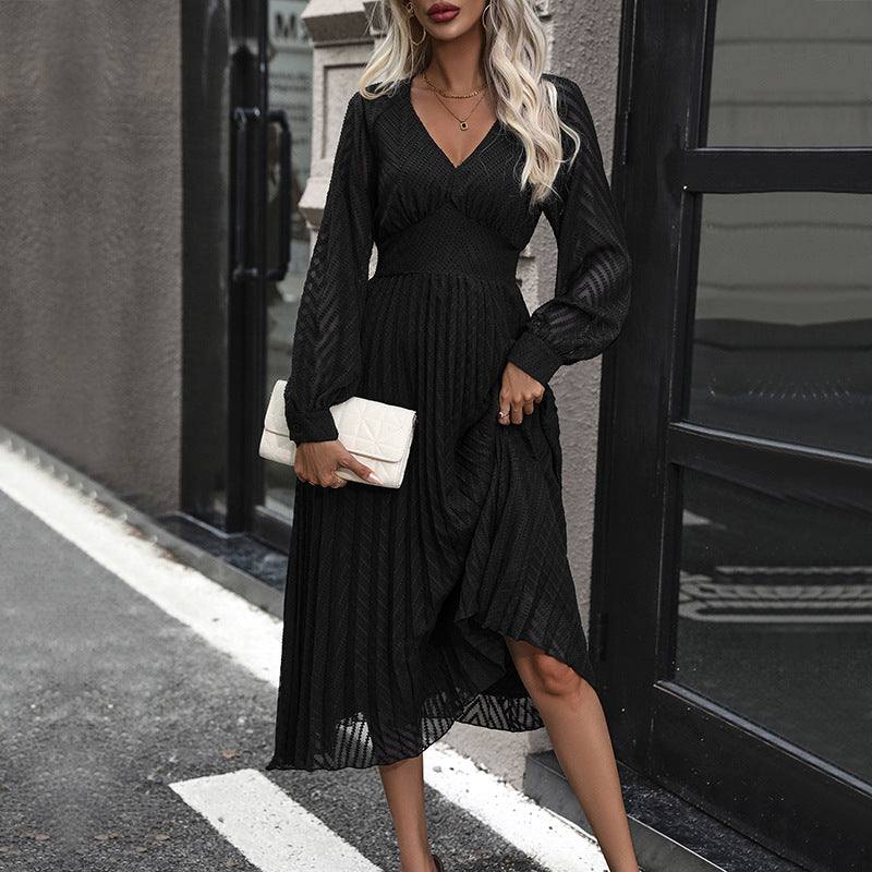 Women’s Fitted Dress - Sheer Woven Fabric - V-Neck - Long Blouson Sleeves - Midi Length