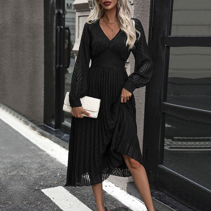 Women’s Fitted Dress - Sheer Woven Fabric - V-Neck - Long Blouson Sleeves - Midi Length