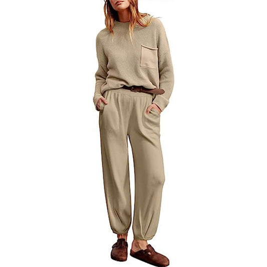 Women’s Two-Piece Set – Soft Knit Top – Elastic Waist Joggers – Relaxed Fit