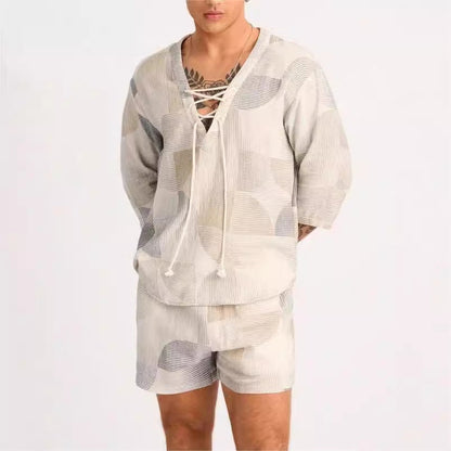Men’s Casual Set – Lace-Up Shirt and Shorts – Relaxed Fit – Lightweight Breathable Fabric