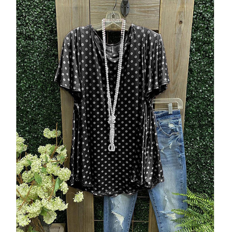 Women’s Tunic Top – Loose Fit – Polka Dot – Short Sleeve – Breathable Blend