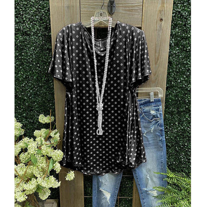 Women’s Tunic Top – Loose Fit – Polka Dot – Short Sleeve – Breathable Blend