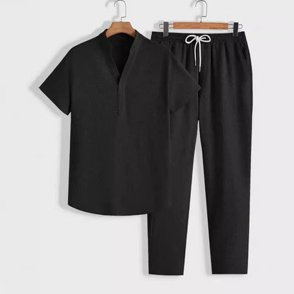 Men’s Athletic Set – Breathable Knit – Relaxed Fit – Short Sleeve Top & Drawstring Pants
