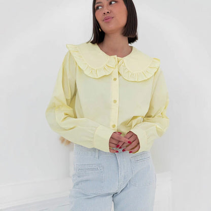Women’s Oversized Blouse – Breathable Blend – Ruffled Collar – Button Down Long Sleeve