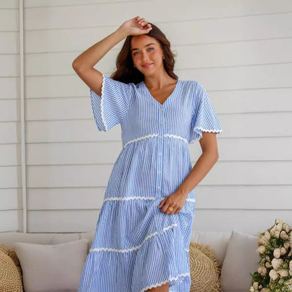 Women’s Midi Dress – V-Neck – Loose Fit – Tiered with Lace Trim – Short Sleeve Cotton