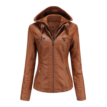 Women’s Hooded Jacket – Slim Fit – Faux Leather – Detachable Hood – Zipper Pockets