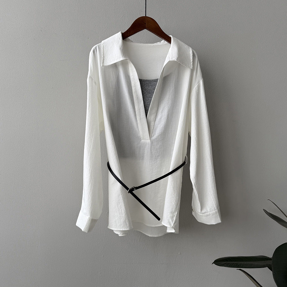 Women’s Lapel Blouse – Lightweight Cotton Blend – Relaxed Fit – Long Sleeve Belted