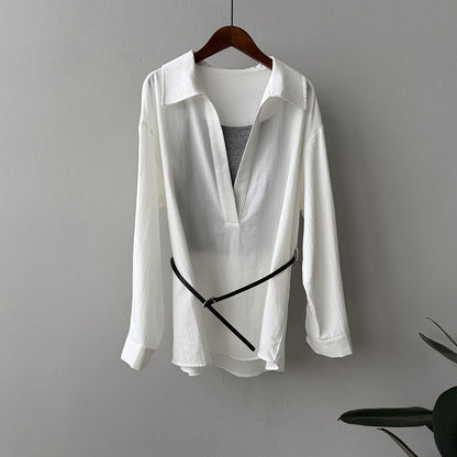 Women’s Lapel Blouse – Lightweight Cotton Blend – Relaxed Fit – Long Sleeve Belted