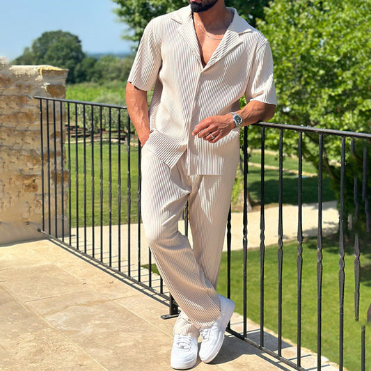 Men’s Athleisure Set – Relaxed Fit – Breathable Blend – Stripe Shirt & Long Pants