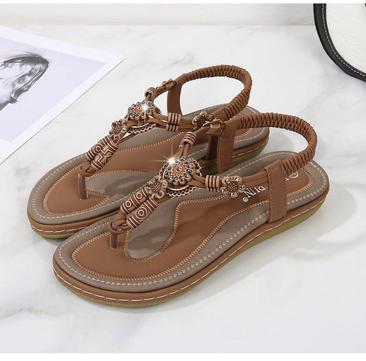 Women’s Flat Sandals – Boho Beaded Strap – Cushioned Footbed – Casual Fit