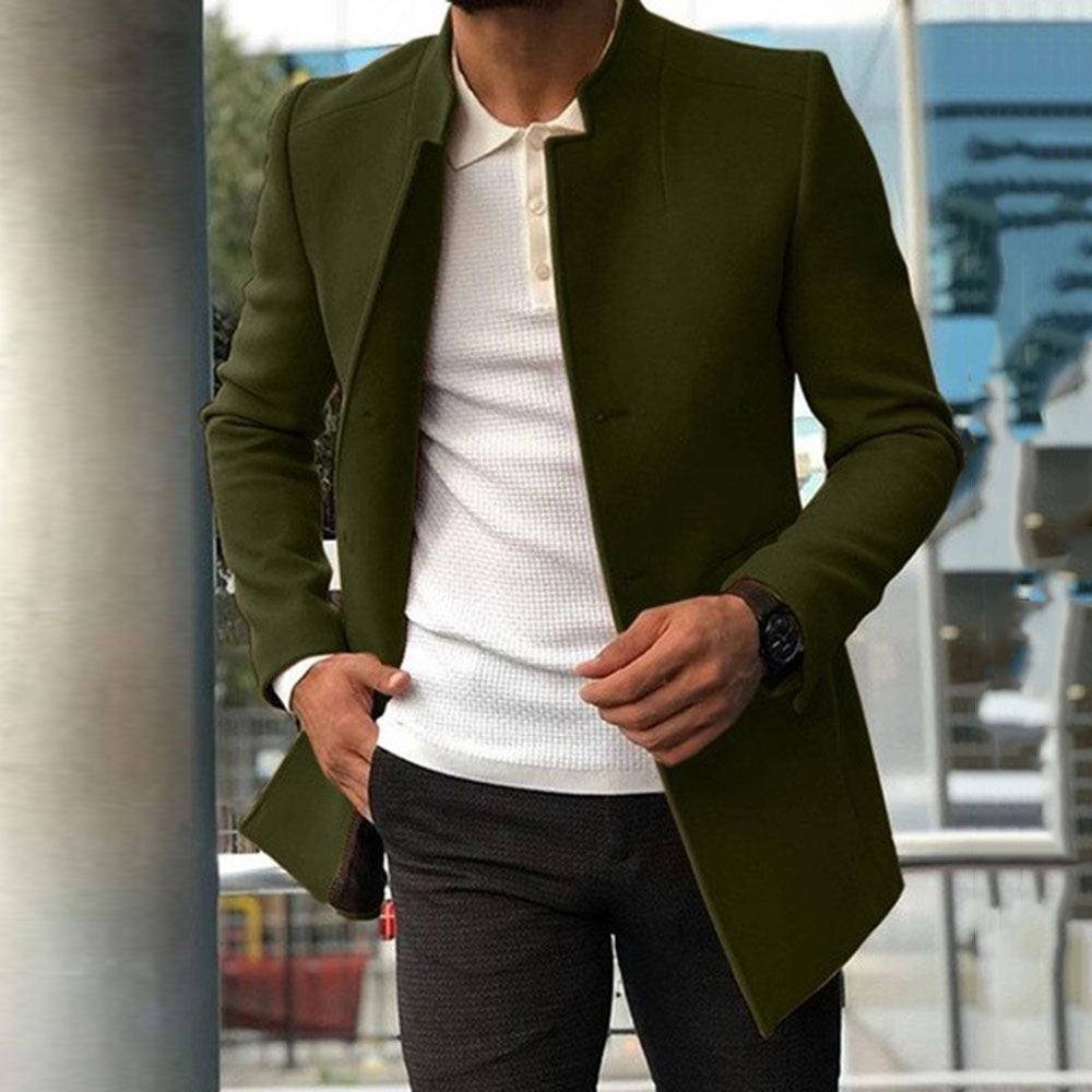 Men’s Overcoat – Slim Fit – Structured Silhouette – Standing Collar – Hidden Placket