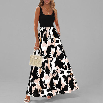 Women’s Maxi Dress – Sleeveless Scoop Neck – High Waist – Flowy A-Line – Printed Skirt