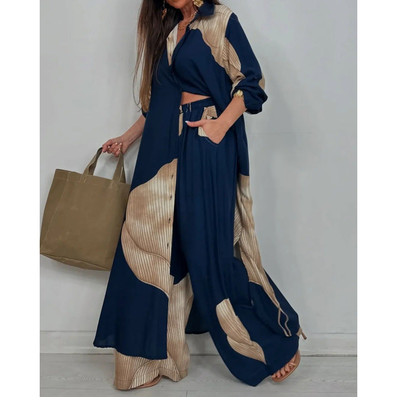 Women’s Two-Piece Set – Relaxed Fit Long Shirt – Button-Down – Wide-Leg Cotton Pants