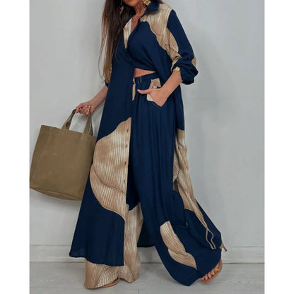 Women’s Two-Piece Set – Relaxed Fit Long Shirt – Button-Down – Wide-Leg Cotton Pants