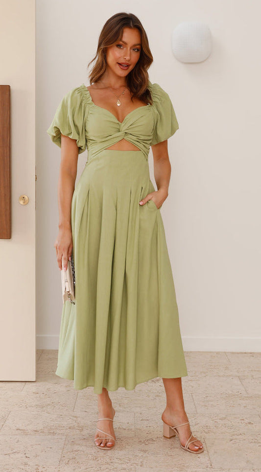 Women’s Long Dress – Fit and Flare – Puff Sleeve – V-Neck – Lightweight Breathable Fabric