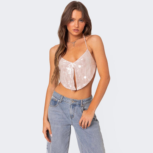 Women’s Crop Top – Sequin Embellished – Fitted Silhouette – Halter Neck Plunge