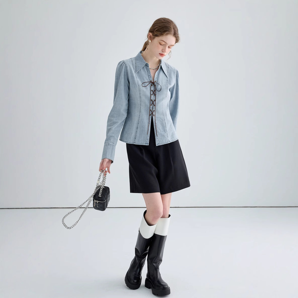 Women’s Denim Shirt Jacket – Tailored Fit – Lace-Up Front – Structured Long Sleeve