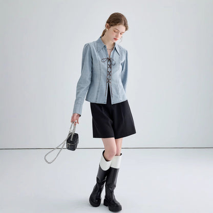 Women’s Denim Shirt Jacket – Tailored Fit – Lace-Up Front – Structured Long Sleeve