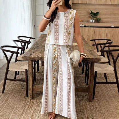 Women’s Two-Piece Set – Sleeveless Top and Wide-Leg Pants – Relaxed Fit – Geometric Print