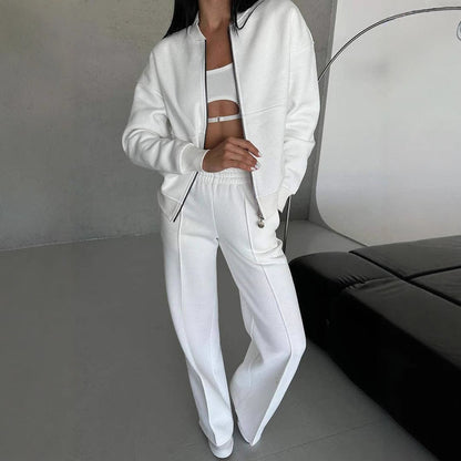 Women’s Two-Piece Set – Zip-Up Jacket – Wide-Leg Pants – Relaxed Fit – Cotton Blend