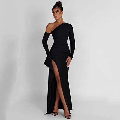 Women’s Maxi Dress – Slim Fit – One Shoulder – High Slit – Long Sleeve