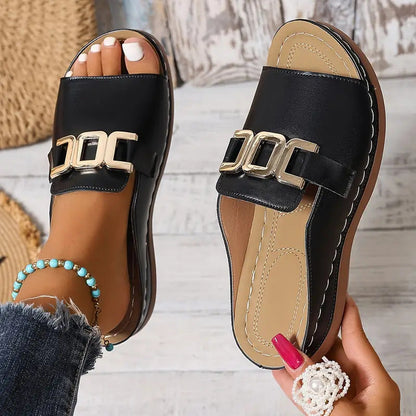 Women’s Wedge Sandals – Open Toe – Platform Sole – Cushioned Insole – Metallic Detail