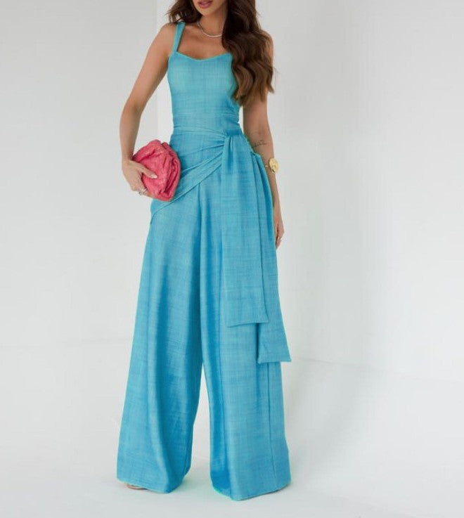 Women’s Jumpsuit – Linen Blend – Sleeveless – Wide Leg – Adjustable Waist – Full Length