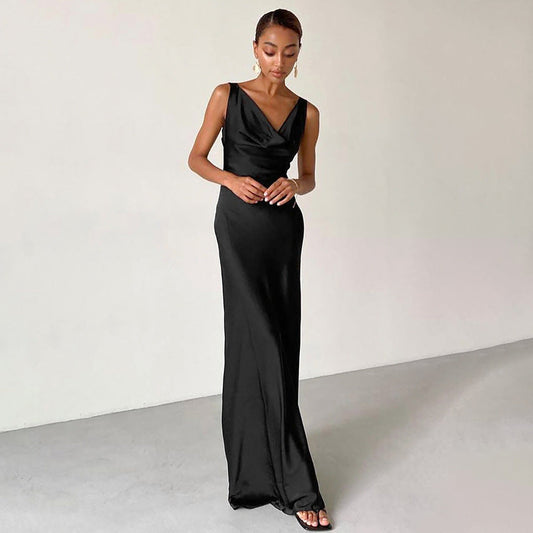 Women’s Evening Gown – Satin – Slim Fit – Draped Neck – Spaghetti Straps – Floor-Length