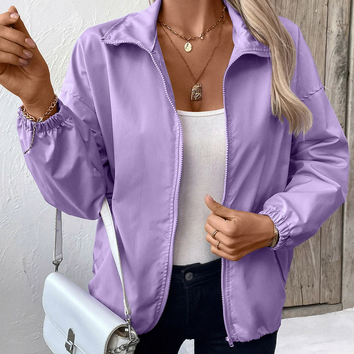 Women’s Casual Jacket – Waterproof – Relaxed Fit – Zip Front – Elastic Cuffs – Hip Length