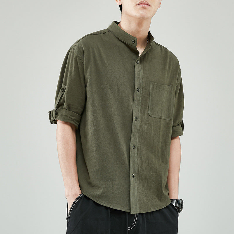 Men’s Shirt – Linen Cotton Blend – Relaxed Fit – Band Collar – 7/8 Sleeve Casual Wear