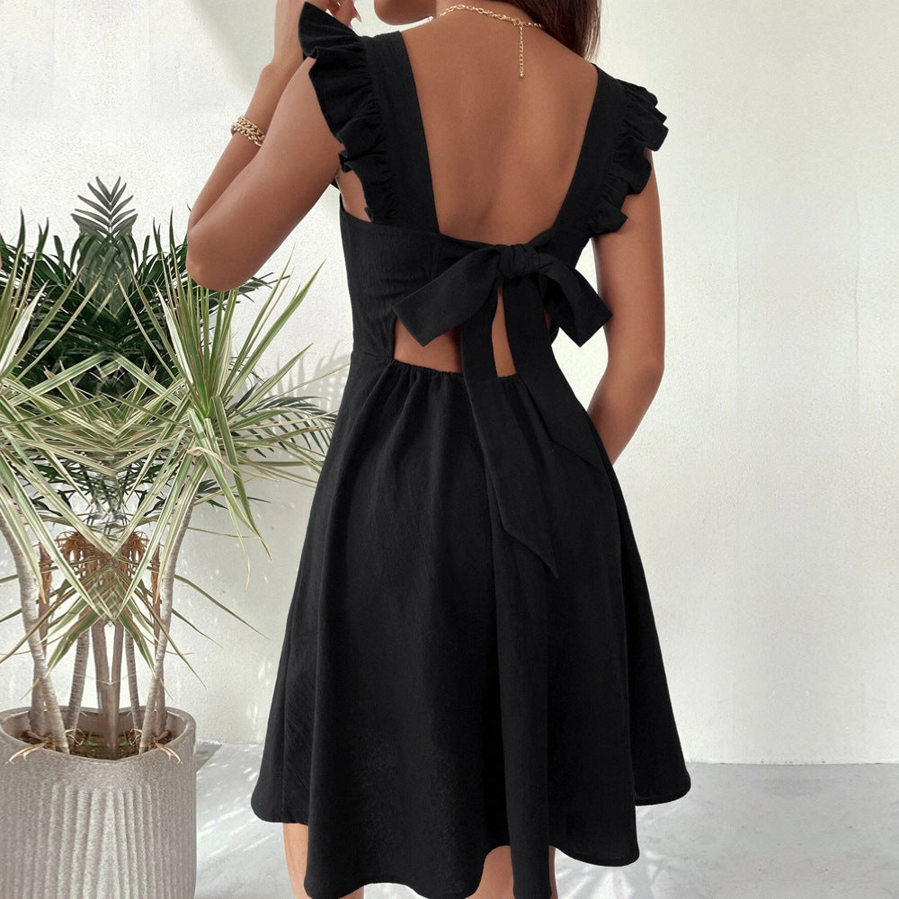 Women’s Mini Dress – Fit and Flare – Ruffled Straps – Square Neck – Soft Lightweight Fabric