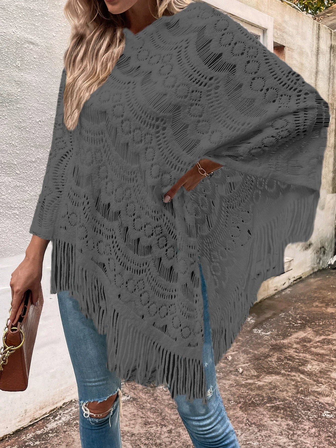 Women’s Shawl – Lace Knit – Oversized Fit – Irregular Hem with Tassels – Semi-Sheer