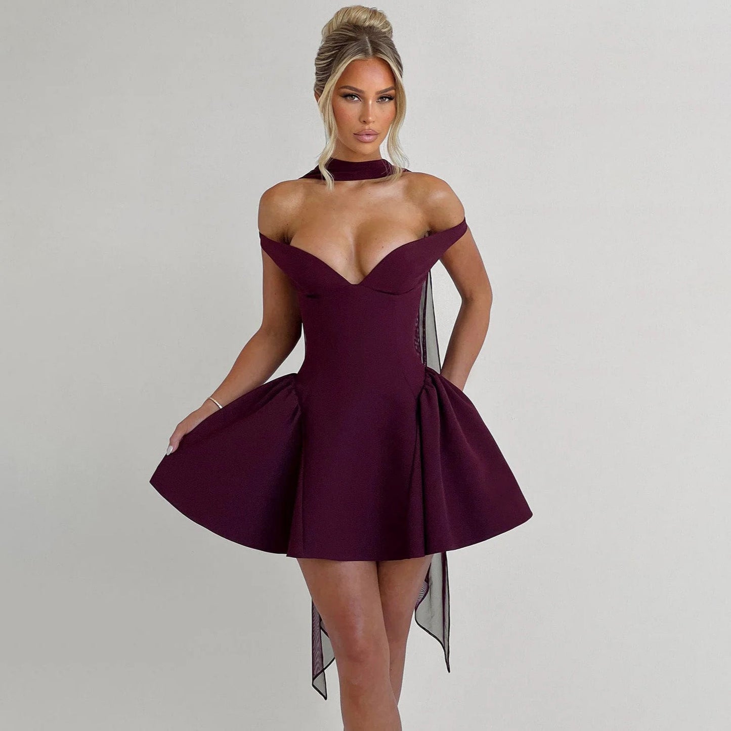 Women’s Cocktail Dress – Satin Finish – Slim Fit – Off Shoulder – Backless Mini A-Line