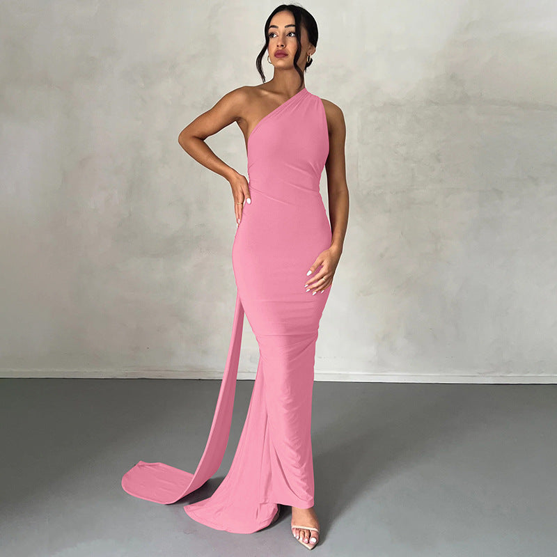 Women’s Sleeveless Dress – Slim Fit – One Shoulder – Ruched Full-Length Formal Wear