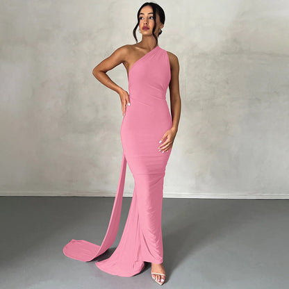 Women’s Sleeveless Dress – Slim Fit – One Shoulder – Ruched Full-Length Formal Wear