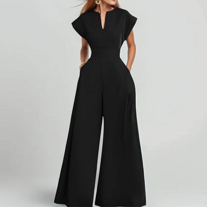 Women’s Jumpsuit – V-Neck – Short Sleeve – Wide Leg – Loose Fit – Lightweight Fabric