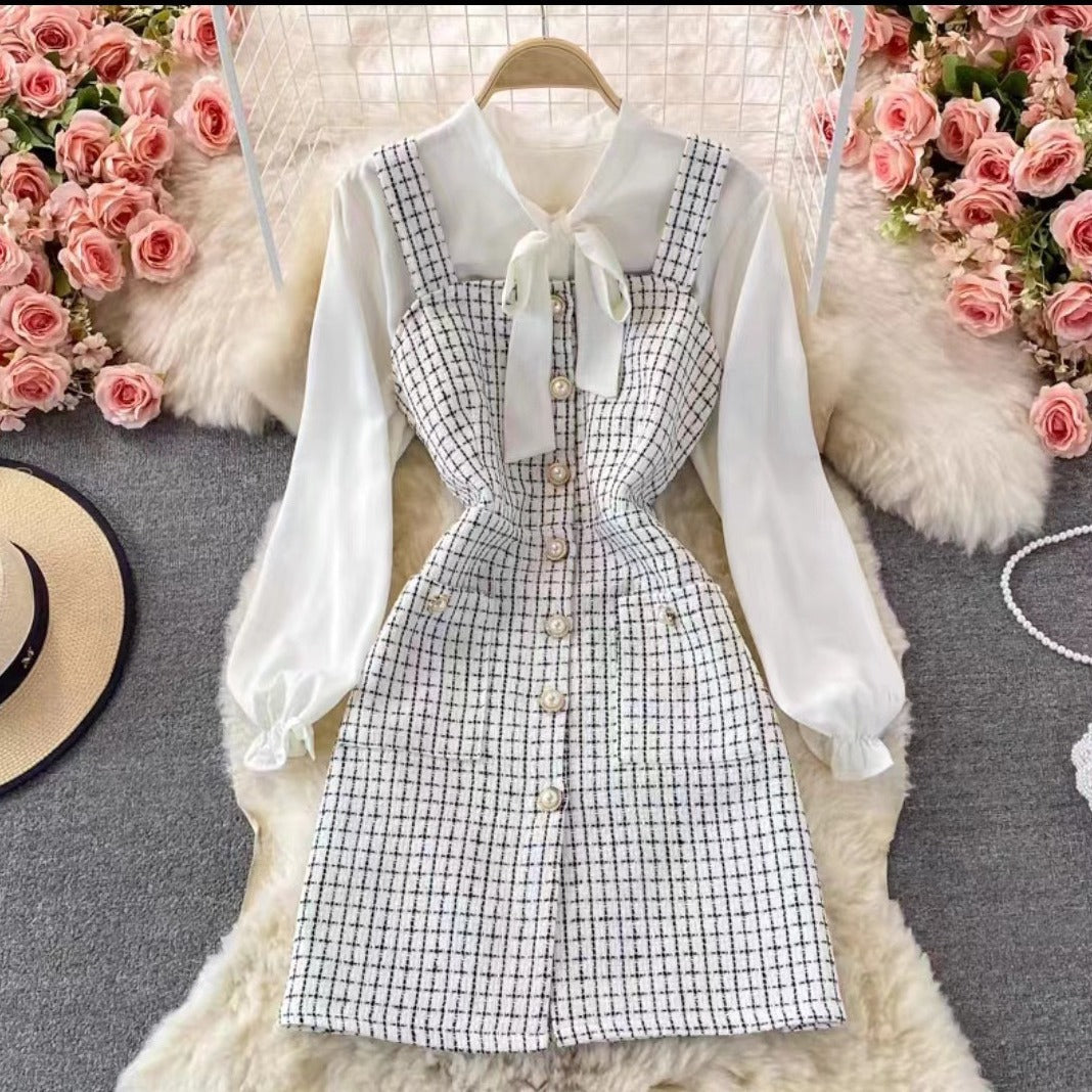 Women’s Pinafore Dress Set – Tweed Midi Fit – Bow Neck Blouse – Button Front Style