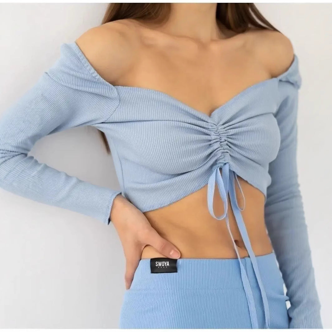 Women’s Cropped Top – Tie Front Ribbed Knit – Slim Fit V-Neck – Long Sleeve Casual