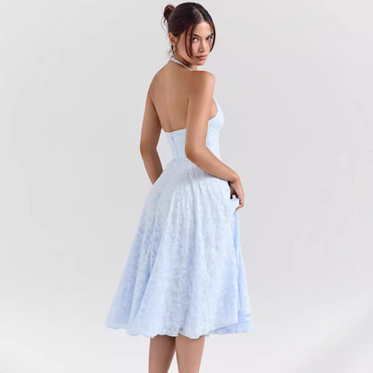 Women’s Halter Dress – Satin-Like Fabric – Slim Fit – A-Line Midi – Deep V-Neck