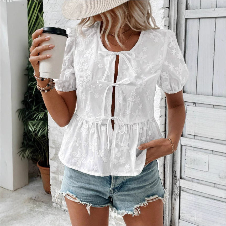 Women’s Blouse – Lace Embroidery – Puff Sleeve – Tie Front – Flared Fit