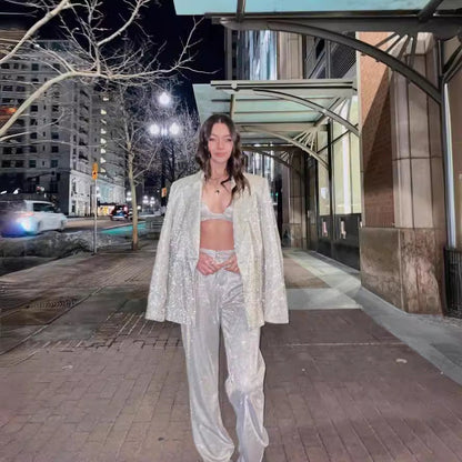 Women’s Blazer Set – Oversized Fit – Shimmer Finish – Padded Shoulders – Notched Lapel