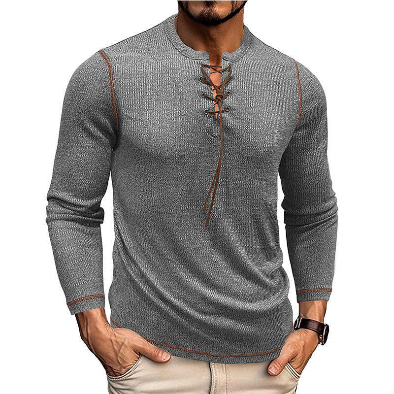 Men’s Long Sleeve Shirt – Slim Fit – Knit Texture – Lace-Up Neckline – Casual Style