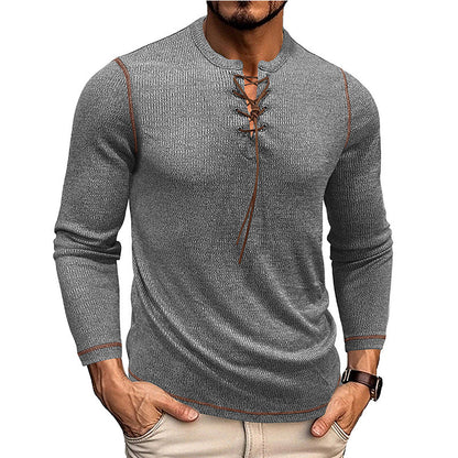 Men’s Long Sleeve Shirt – Slim Fit – Knit Texture – Lace-Up Neckline – Casual Style