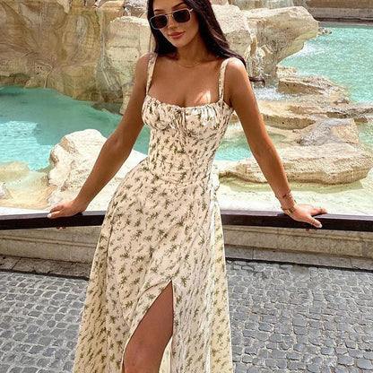 Women’s Midi Dress – Sleeveless – Tie Front – Floral Print – High Slit – Cotton Blend