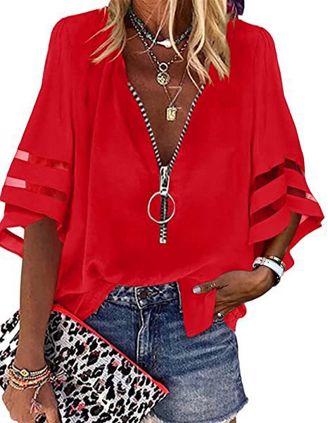 Women’s Blouse – Relaxed Fit – Cotton Feel – Zip Front – Elbow Sleeve V-Neck