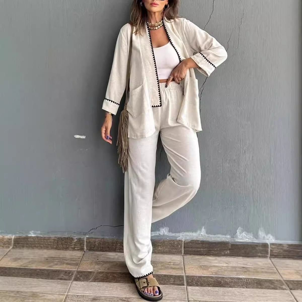 Women’s Lounge Pantsuit Set – Relaxed Fit – Wide Leg – Blazer with Trim and Pockets