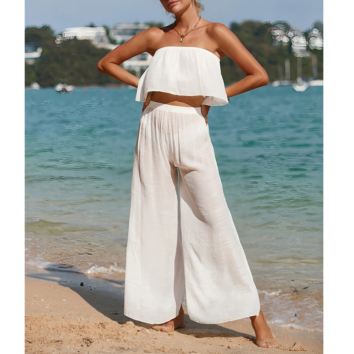 Women’s Two Piece Set – Strapless Cropped Top – High Waist Wide Leg Pants – Breathable Fabric