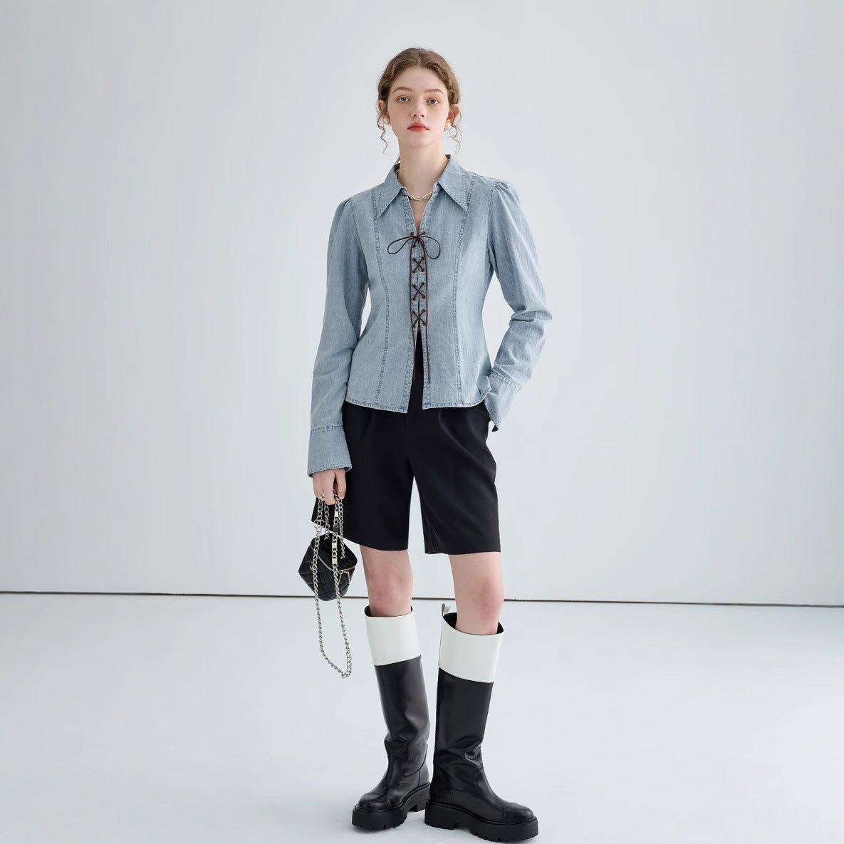 Women’s Denim Shirt Jacket – Tailored Fit – Lace-Up Front – Structured Long Sleeve