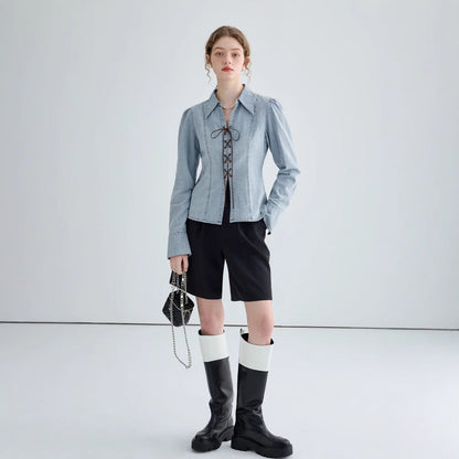 Women’s Denim Shirt Jacket – Tailored Fit – Lace-Up Front – Structured Long Sleeve